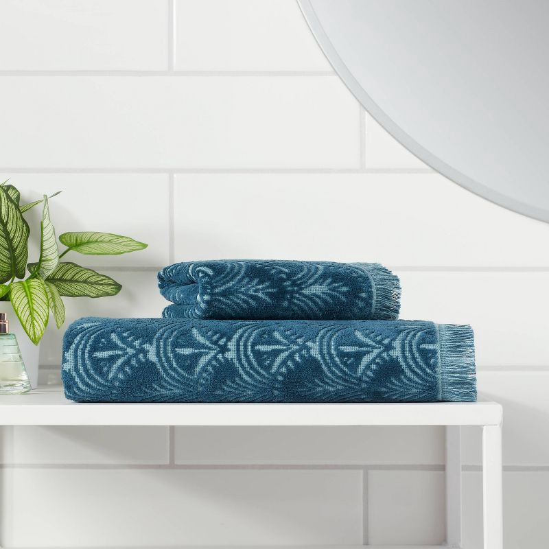 slide 2 of 4, 16"x27" Plush Scallop Hand Towel Teal Blue - Threshold™: Cotton Terry, Midweight, Jacquard Pattern, OEKO-TEX Certified, 1 ct