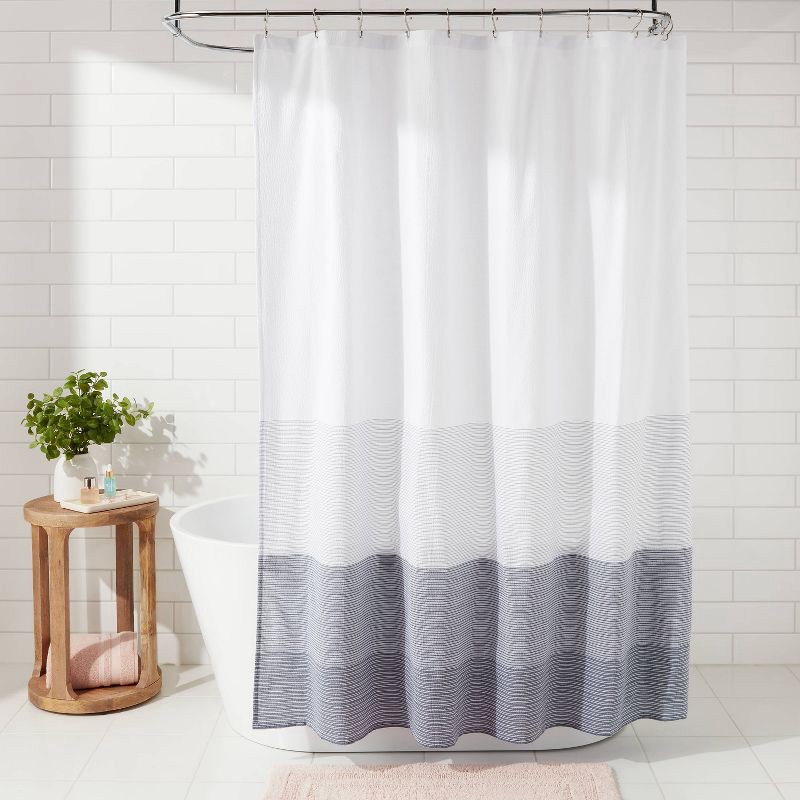 slide 2 of 4, Nautical Shower Curtain Ombre Blue - Threshold™: Cotton Blend, Machine Washable, Woven Texture, Buttonhole Top, 1 ct