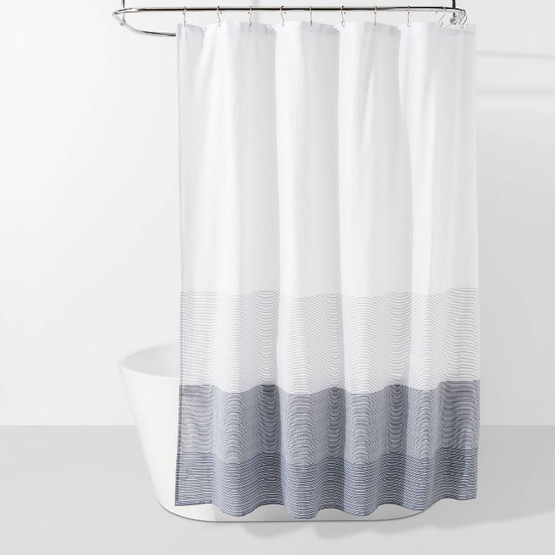 slide 1 of 4, Nautical Shower Curtain Ombre Blue - Threshold™: Cotton Blend, Machine Washable, Woven Texture, Buttonhole Top, 1 ct