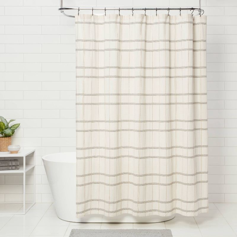 slide 2 of 4, Woven Modern Plaid Shower Curtain Ivory - Threshold™: Cotton Fabric, Dobby Weave, Machine Washable, 1 ct