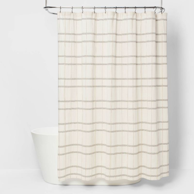 slide 1 of 4, Woven Modern Plaid Shower Curtain Ivory - Threshold™: Cotton Fabric, Dobby Weave, Machine Washable, 1 ct