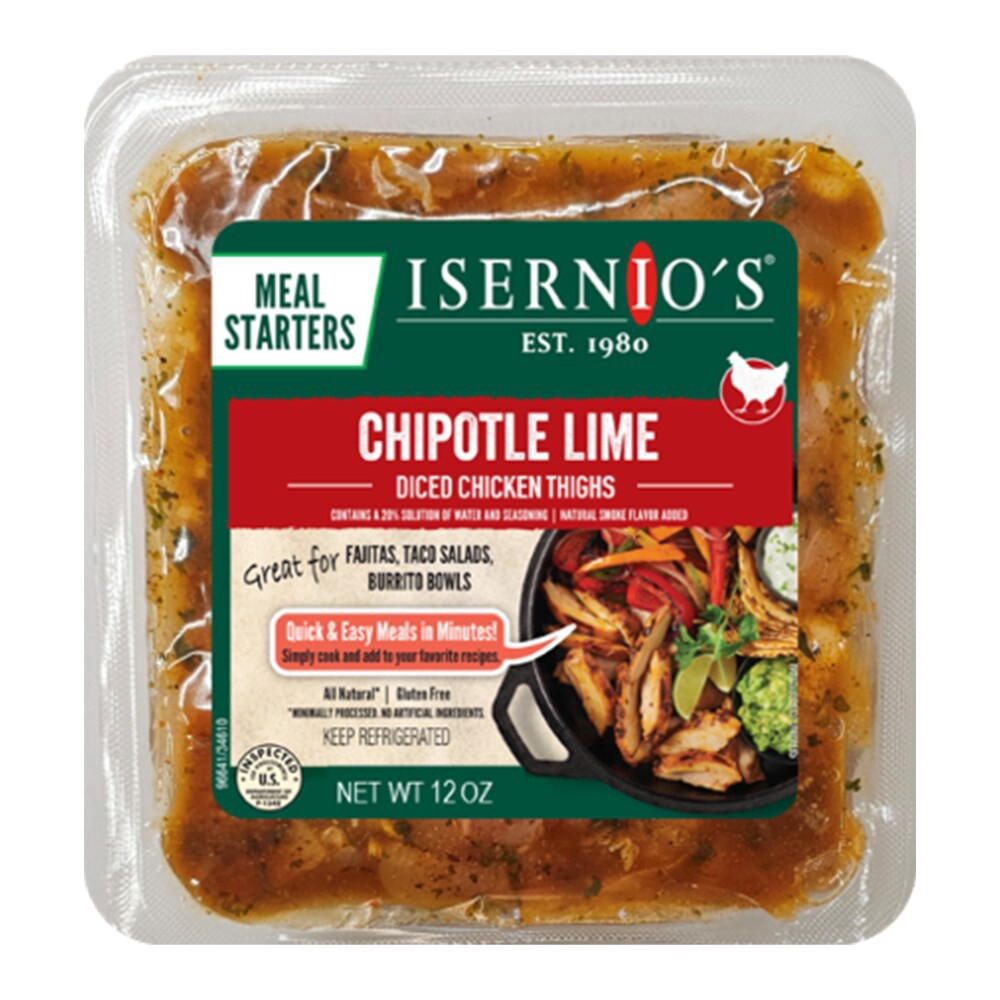 slide 1 of 1, Isernio's Chipotle Lime Diced Chicken Thighs, 12 oz