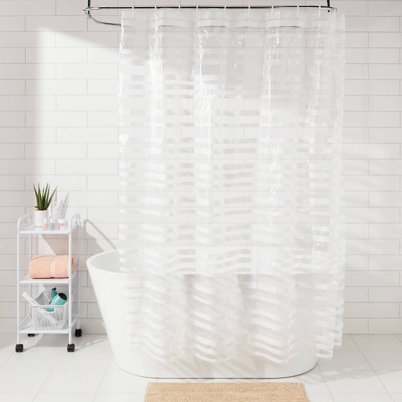 slide 2 of 6, PEVA Shower Curtain + Rings White - Room Essentials™: Molded Stripe Pattern, Buttonhole Top, 1 ct