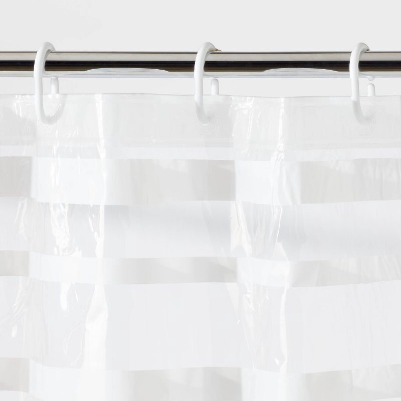 slide 3 of 6, PEVA Shower Curtain + Rings White - Room Essentials™: Molded Stripe Pattern, Buttonhole Top, 1 ct