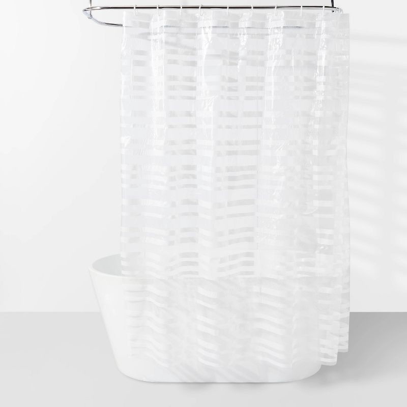 slide 1 of 6, PEVA Shower Curtain + Rings White - Room Essentials™: Molded Stripe Pattern, Buttonhole Top, 1 ct