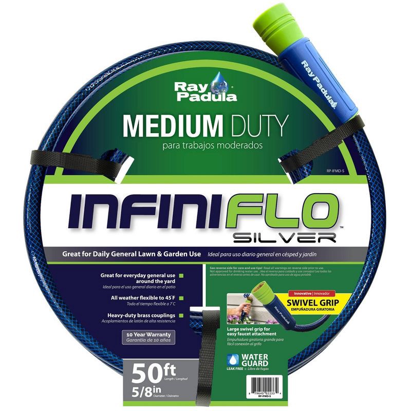 slide 1 of 8, Ray Padula InfiniFlo 50ft Silver Medium Duty Garden Hose: PVC Leak-Resistant, Outdoor Use, 5/8" Diameter, 50 ft