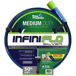 Ray Padula InfiniFlo 50ft Silver Medium Duty Garden Hose: PVC Leak-Resistant, Outdoor Use, 5/8" Diameter