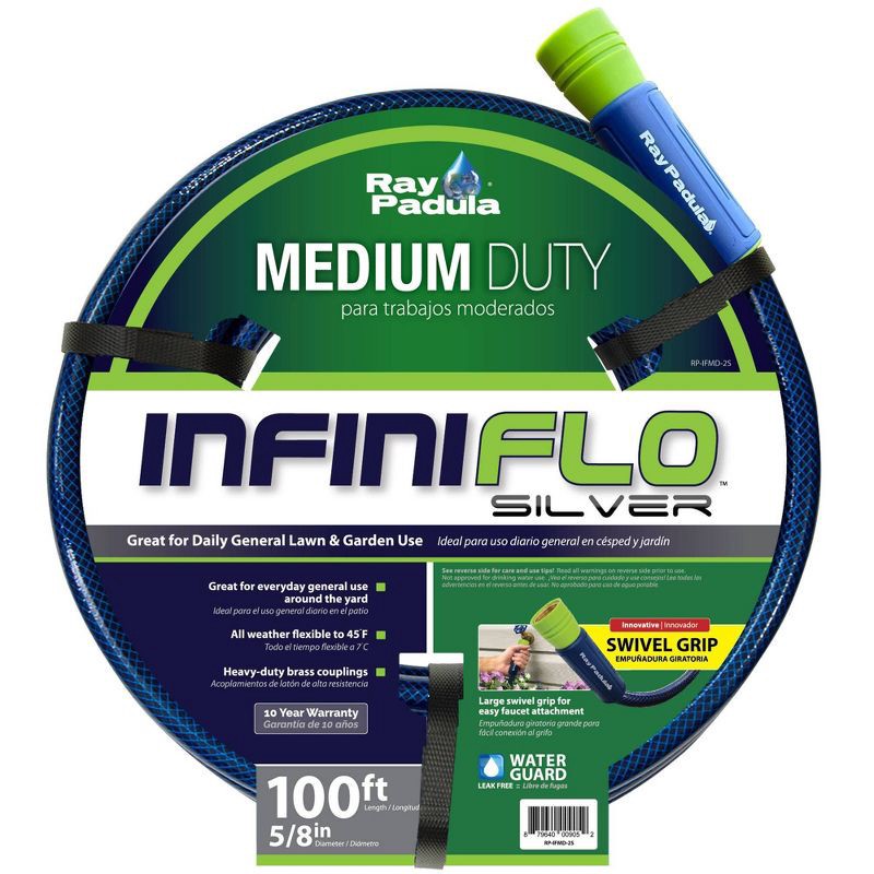slide 1 of 7, Ray Padula InfiniFlo 100ft Silver Medium Duty Garden Hose: Leak-Resistant, PVC, Comfi-Grip, 100 ft