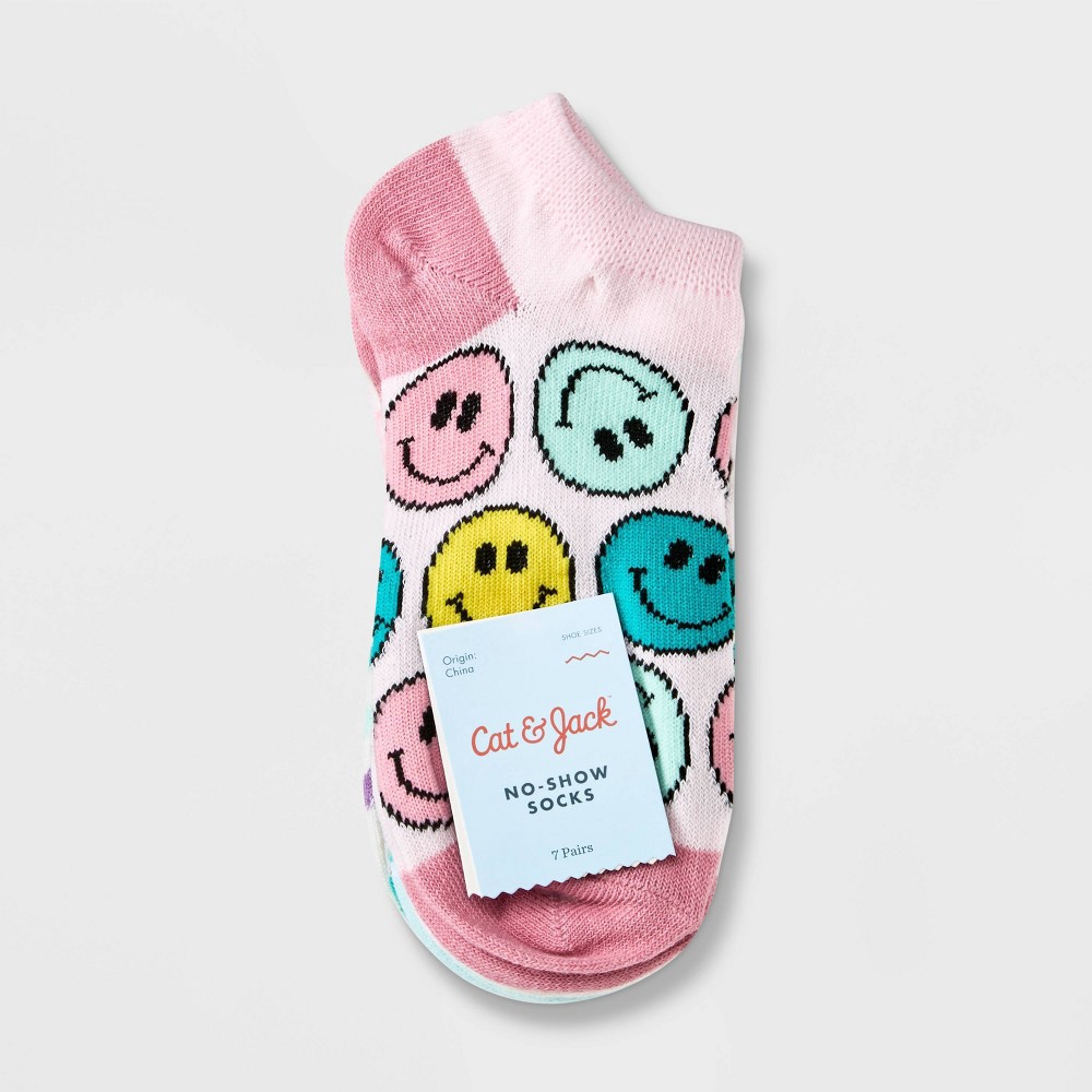 slide 2 of 2, Girls' 7pk Peace Sign No Show Socks - Cat & Jack Light Pink S, 7 ct
