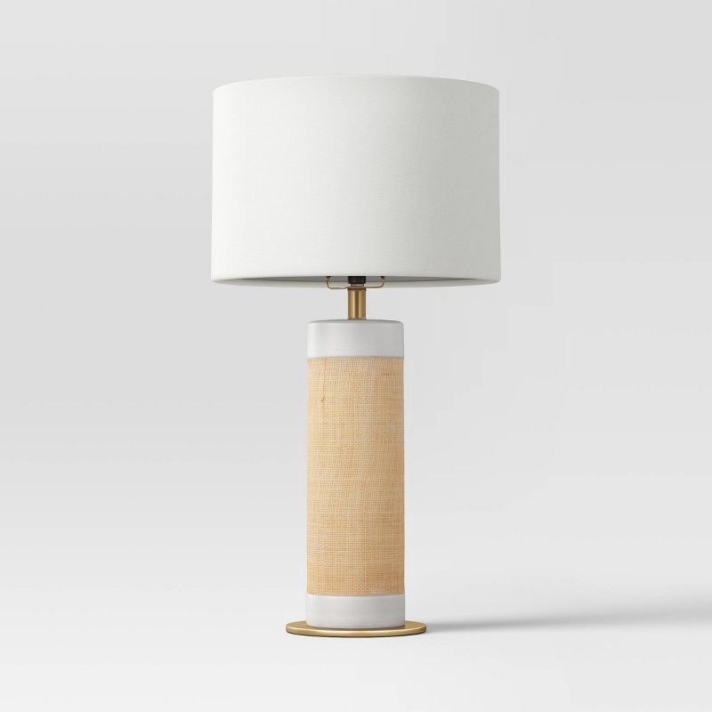 slide 2 of 4, Ceramic Table Lamp with Natural Wrap White (Light Bulbs Not Included) - Threshold™: Bedside, Rattan Style, Drum Shade, 1 ct