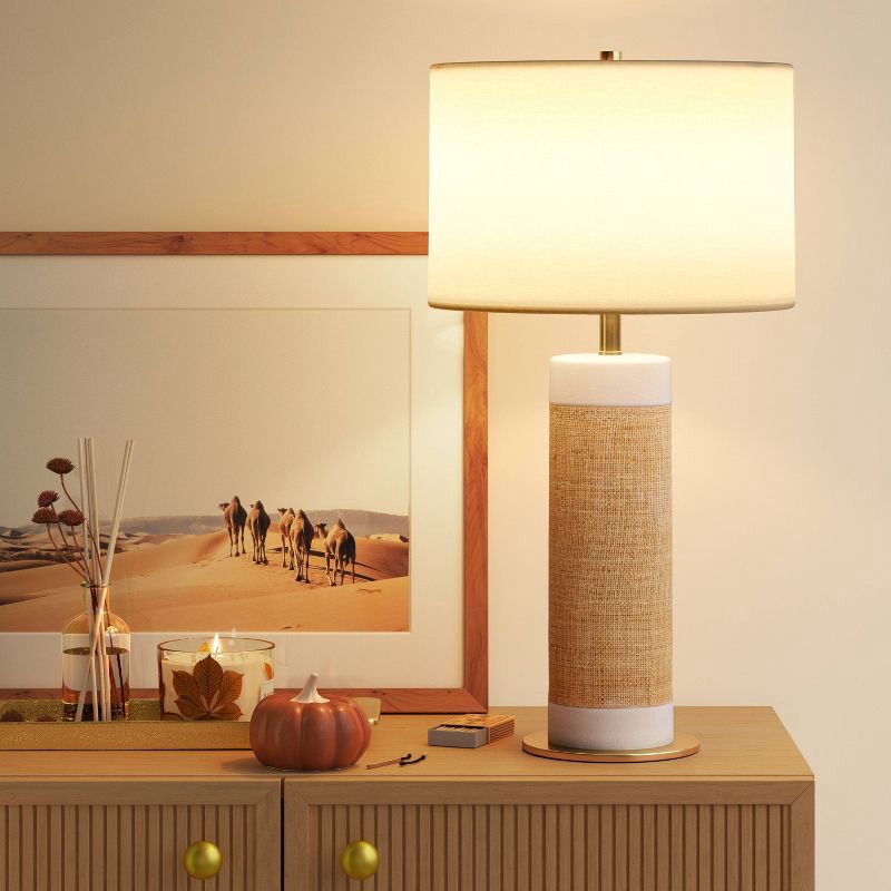 slide 3 of 4, Ceramic Table Lamp with Natural Wrap White (Light Bulbs Not Included) - Threshold™: Bedside, Rattan Style, Drum Shade, 1 ct
