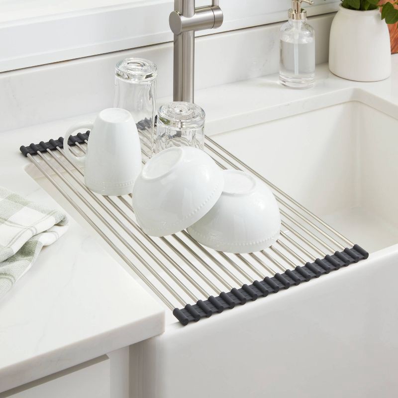 slide 2 of 3, Over the Sink (Roll Away) Dish Drainer Silver - Brightroom™: Stainless Steel Drying Rack Mat, Hand Wash, 20.5"x13", 1 ct