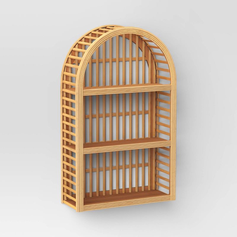 slide 1 of 3, 12" x 20" Wood and Rattan Wall Shelf Natural - Threshold™: Modern Vertical Geometric Decor, No Battery Required, 1 ct