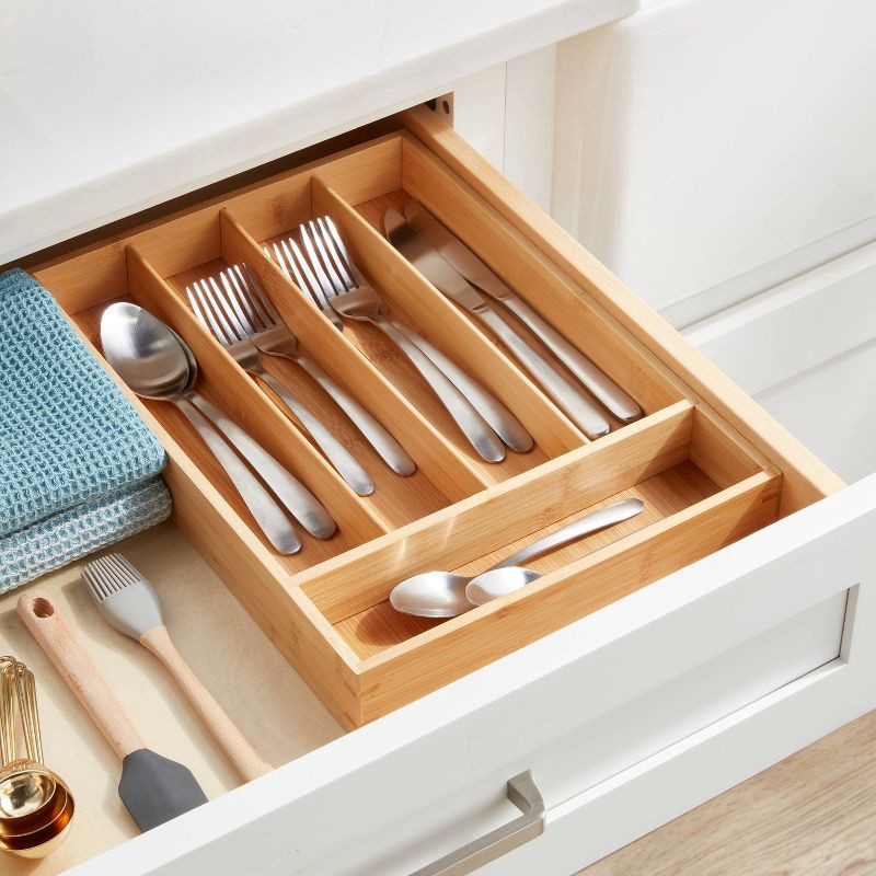 slide 2 of 3, Natural 5 Compartment Flatware Drawer Organizer Brown - Brightroom™: Silverware & Utensils Holder, In-Drawer Storage, 1 ct