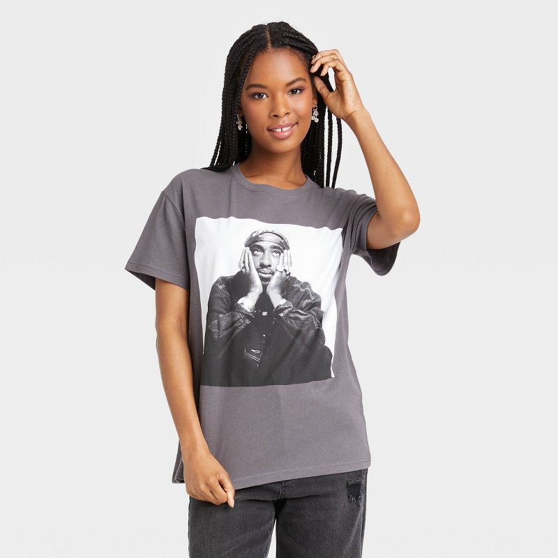 slide 1 of 3, Women's Tupac Short Sleeve Graphic T-Shirt - Black L, 1 ct