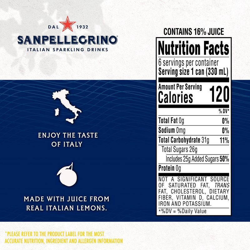slide 6 of 8, Sanpellegrino Lemon Italian Sparkling Beverage - 6pk/11.15 fl oz Cans, 6 ct; 11.15 fl oz