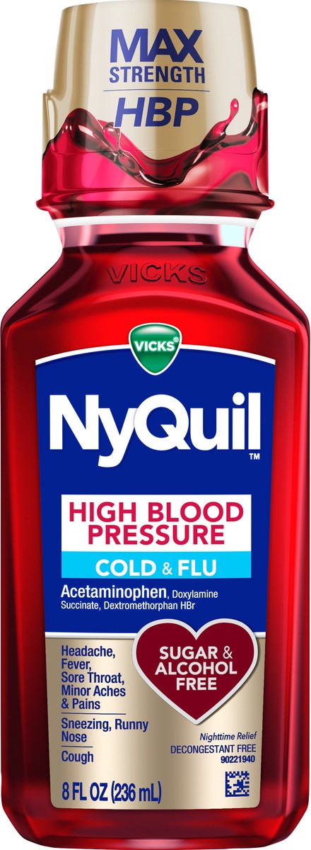 slide 2 of 2, VICKS NyQuil High Blood Pressure Liquid Cold, Cough, and Flu Relief (Fast-Acting, Max Strength Relief of Sore Throat, Fever, Cough, Congestion, Runny Nose, Sinus Pressure, Sneezing, Minor Aches & Pains), 8 oz