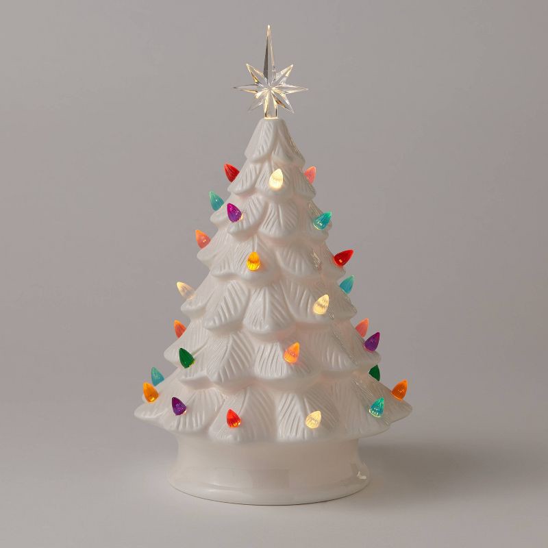 slide 1 of 3, 14.5" Battery Operated Lit Ceramic Christmas Tree White - Wondershop™: Multicolored Bulbs, Star Topper, 1 ct