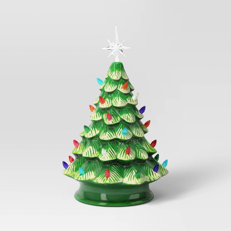 slide 3 of 4, 14.5" Battery Operated Lit Ceramic Christmas Tree Green - Wondershop™: Multicolored Bulbs, Star Topper, Indoor Decoration, 1 ct