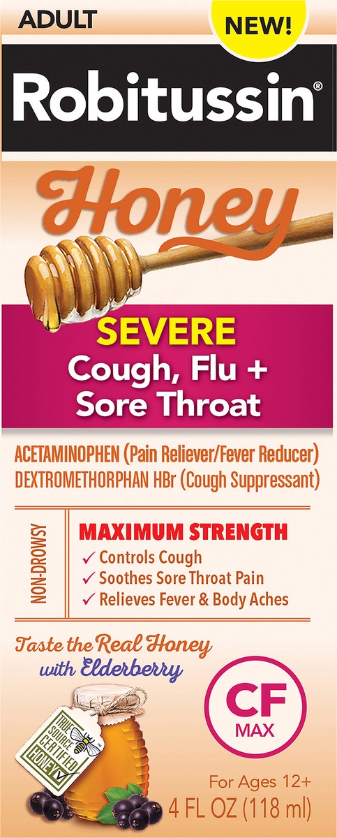 slide 5 of 8, Robitussin Adult Severe Maximum Strength Honey Cough, Flu + Sore Throat 4 oz, 4 oz