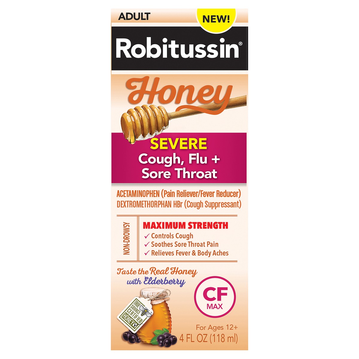 slide 4 of 8, Robitussin Adult Severe Maximum Strength Honey Cough, Flu + Sore Throat 4 oz, 4 oz