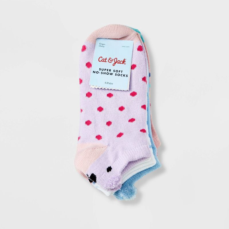 slide 3 of 3, Girls' 6pk Super Soft Critter No Show Socks - Cat & Jack™ S, 6 ct