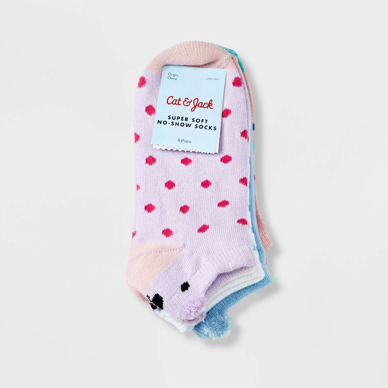slide 2 of 3, Girls' 6pk Super Soft Critter No Show Socks - Cat & Jack™ M, 6 ct