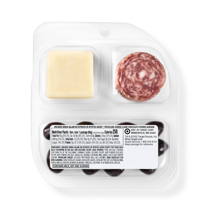 slide 3 of 3, Uncured Genoa Salami, Provolone Cheese and Dark Chocolate Covered Almonds Snacker - 2.25oz - Good & Gather™, 2.25 oz
