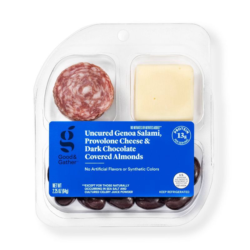 slide 1 of 3, Uncured Genoa Salami, Provolone Cheese and Dark Chocolate Covered Almonds Snacker - 2.25oz - Good & Gather™, 2.25 oz