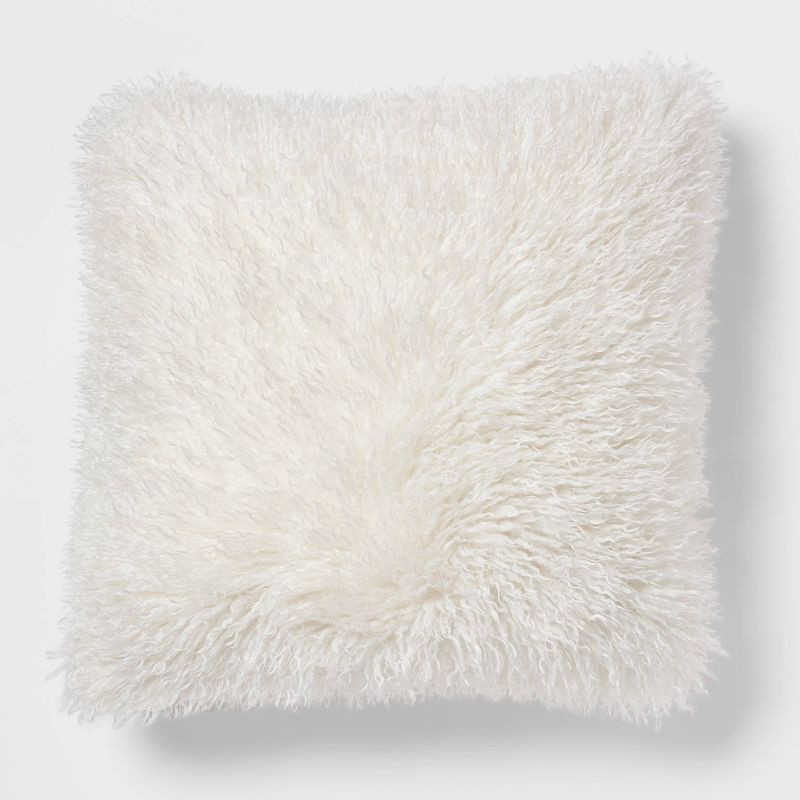 slide 1 of 4, Euro Faux Mongolian Fur Decorative Throw Pillow Cream - Threshold™, 1 ct