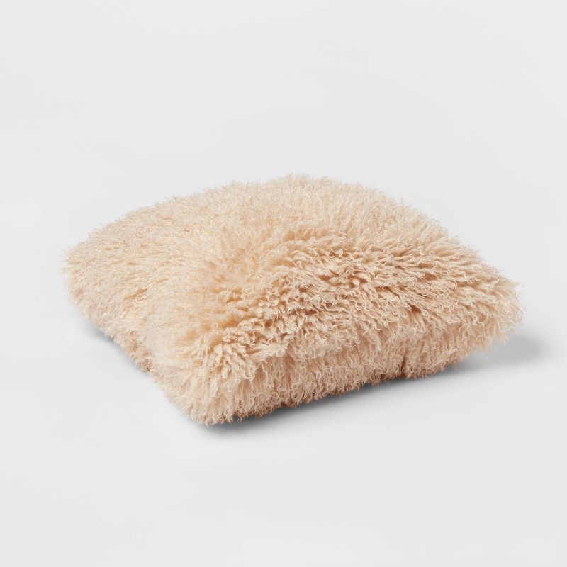 slide 3 of 4, Euro Faux Mongolian Fur Decorative Throw Pillow Khaki - Threshold™: Indoor Square Cushion, Knife Edge, OEKO-TEX Certified, 1 ct