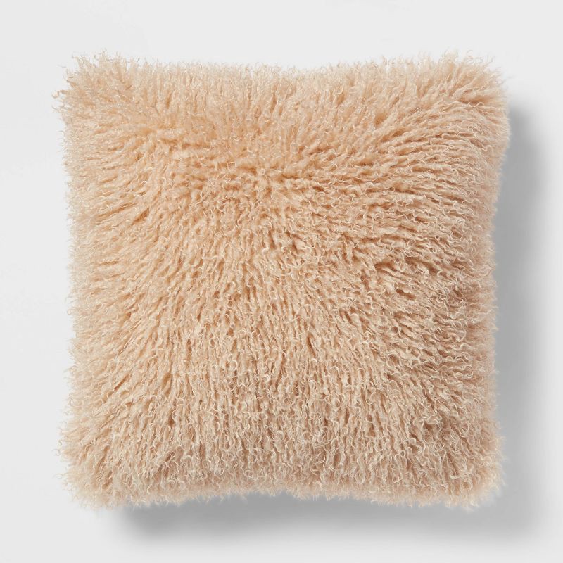 slide 1 of 4, Euro Faux Mongolian Fur Decorative Throw Pillow Khaki - Threshold™: Indoor Square Cushion, Knife Edge, OEKO-TEX Certified, 1 ct