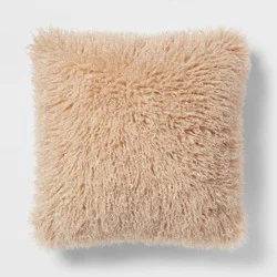 Euro Faux Mongolian Fur Decorative Throw Pillow Khaki - Threshold™: Indoor Square Cushion, Knife Edge, OEKO-TEX Certified