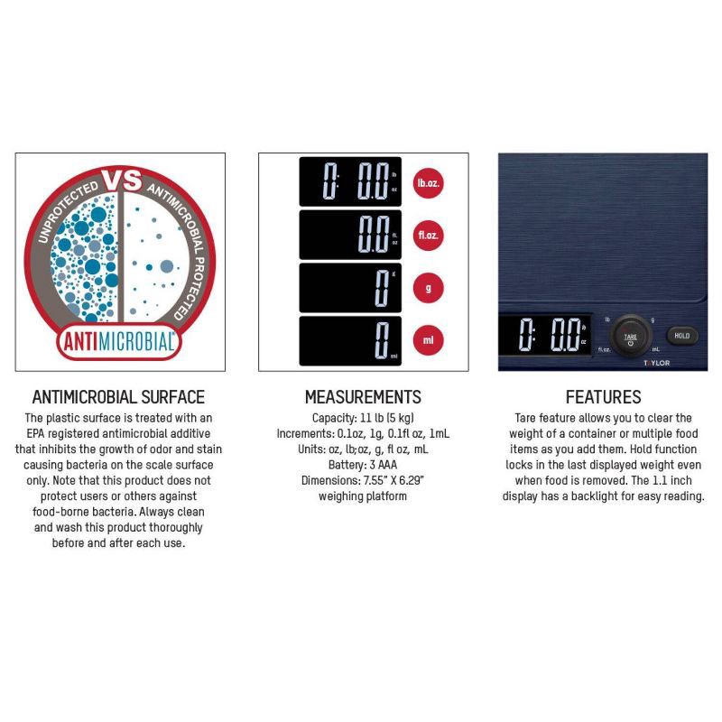 slide 3 of 12, Taylor Digital Kitchen 11lb Food Scale with Antimicrobial Surface Blue, 11 lb