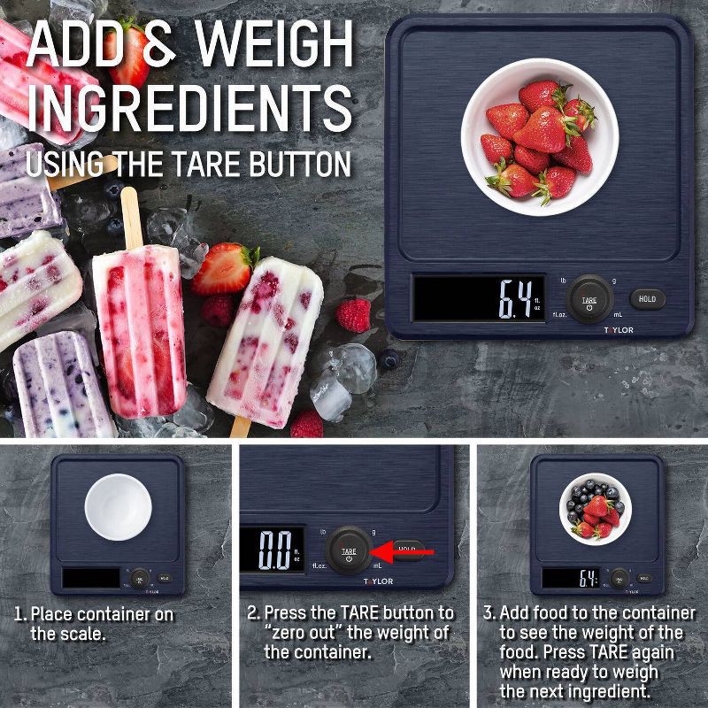 slide 9 of 12, Taylor Digital Kitchen 11lb Food Scale with Antimicrobial Surface Blue, 11 lb