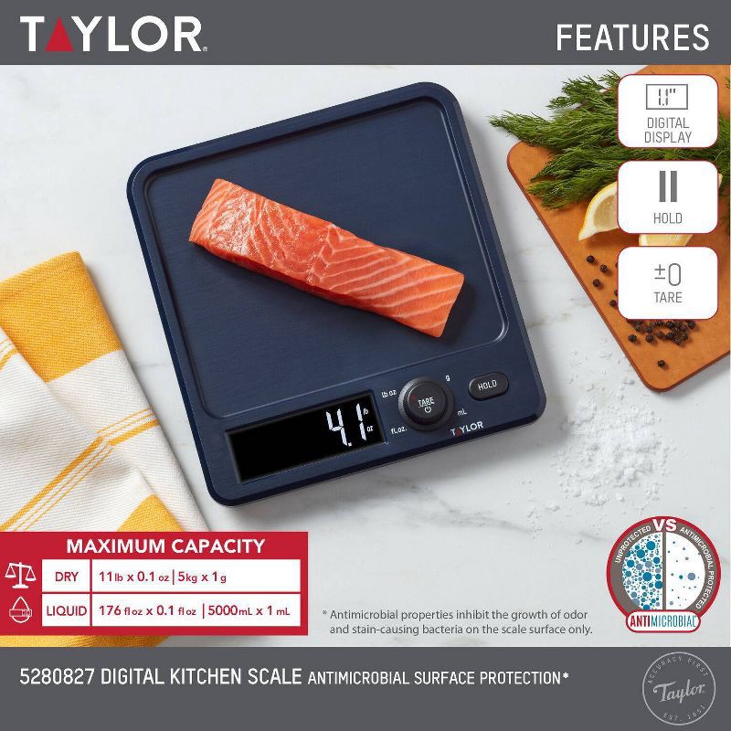 slide 10 of 12, Taylor Digital Kitchen 11lb Food Scale with Antimicrobial Surface Blue, 11 lb