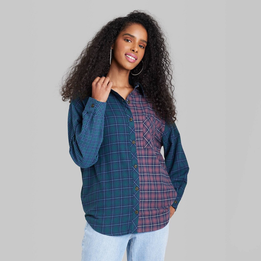 slide 2 of 3, Women's Long Sleeve Hi-Low Oversized Flannel Shirt - Wild Fable Purple Spliced Plaid S, 1 ct
