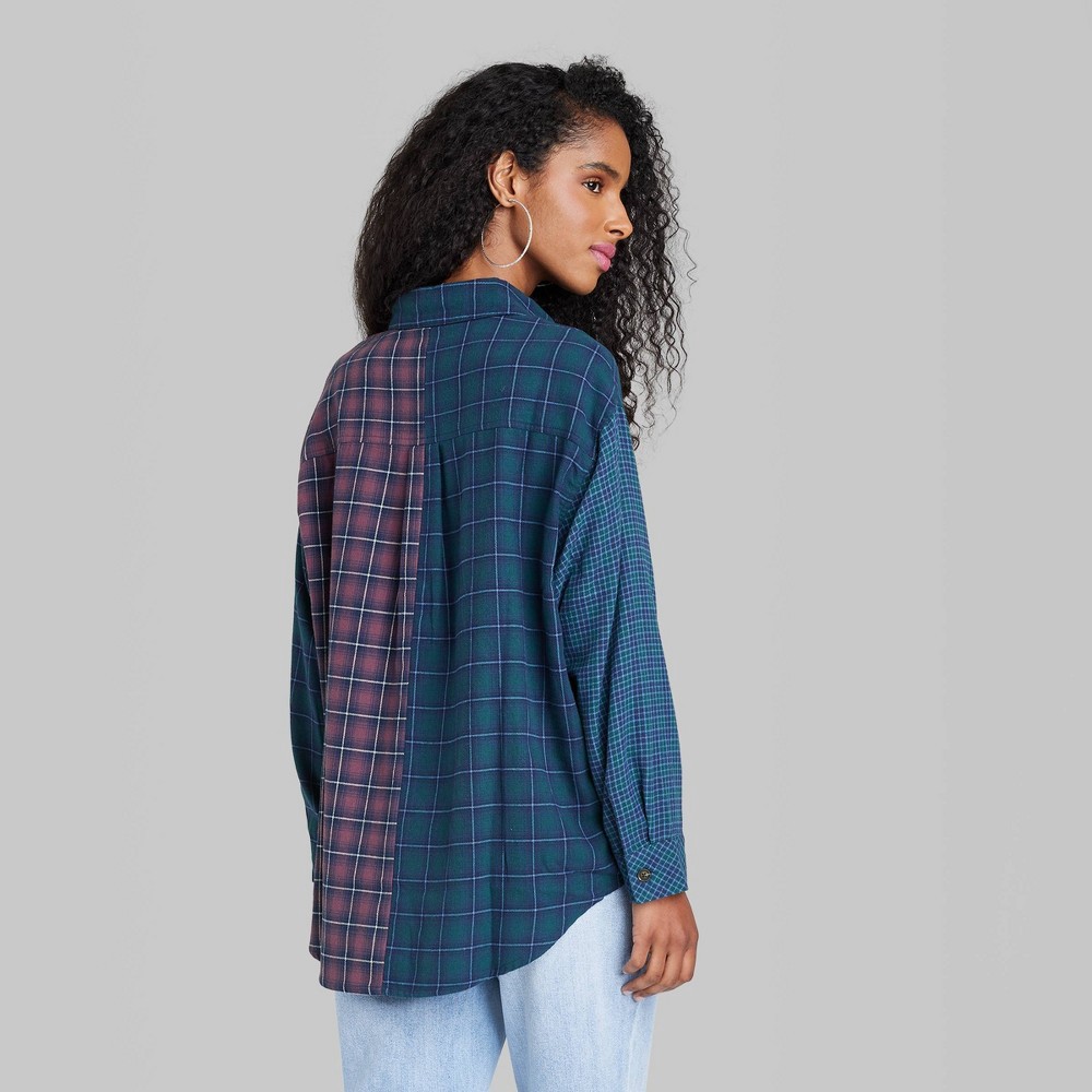 slide 3 of 3, Women's Long Sleeve Hi-Low Oversized Flannel Shirt - Wild Fable Purple Spliced Plaid S, 1 ct