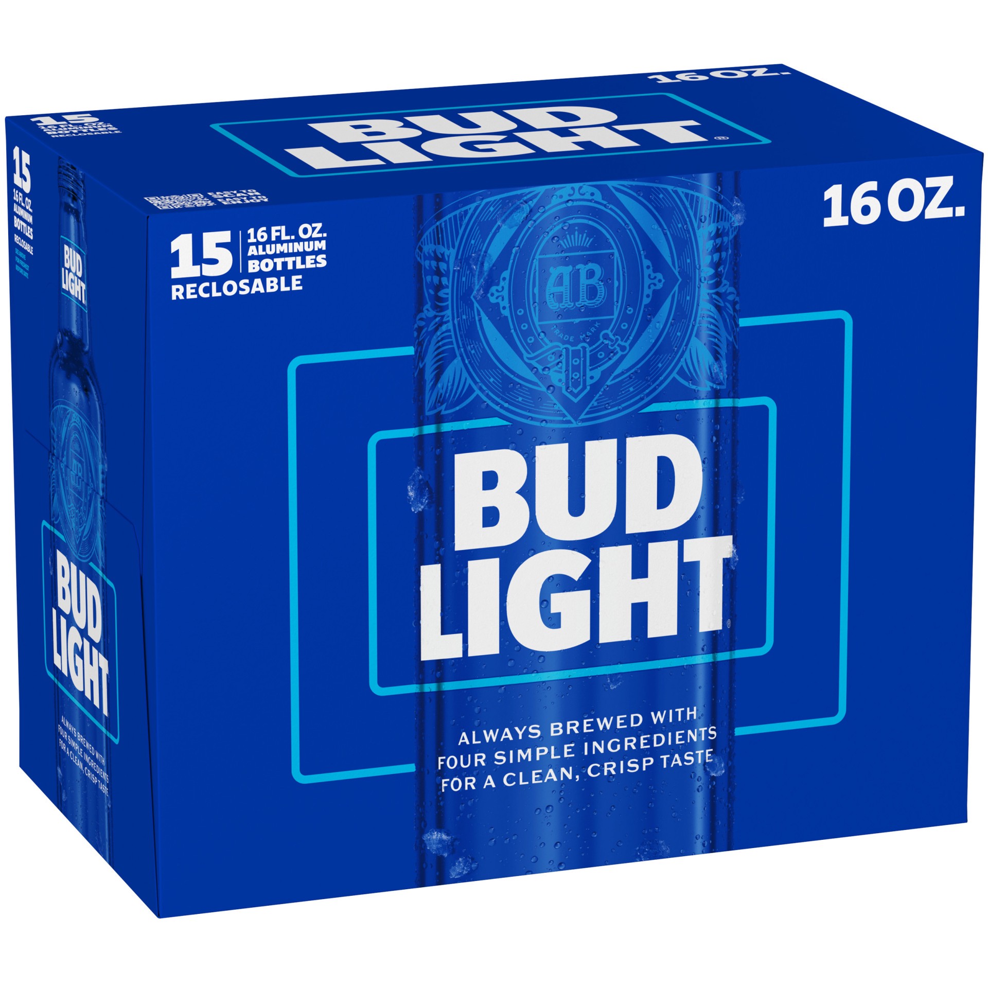 slide 1 of 19, Bud Light American Lager Beer 15 Pack, 16 fl oz Aluminum Bottles, 240 fl oz