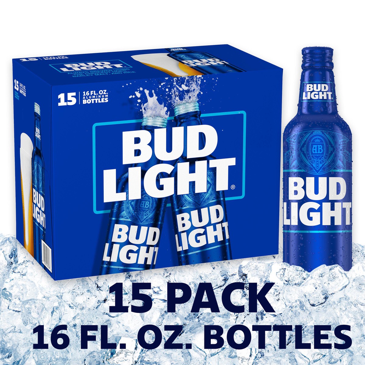 slide 1 of 19, Bud Light Beer, 15 Pack Beer, 16 FL OZ Bottles, 4.2% ABV, 16 fl oz