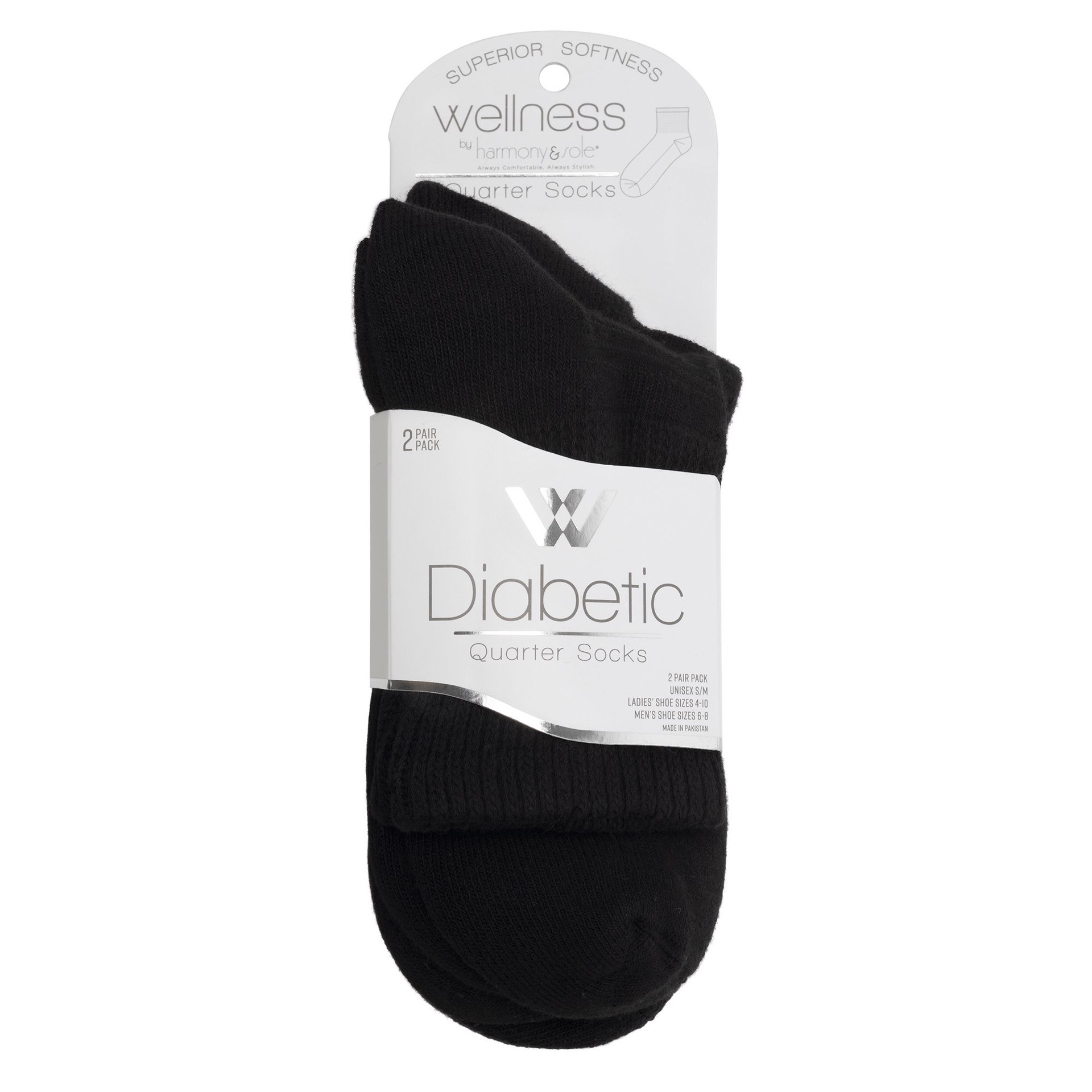slide 1 of 1, Wellness by Harmony & Sole Everyday Diabetic Quarter Sock Unisex - Black - 2 Pairs, SM/MED