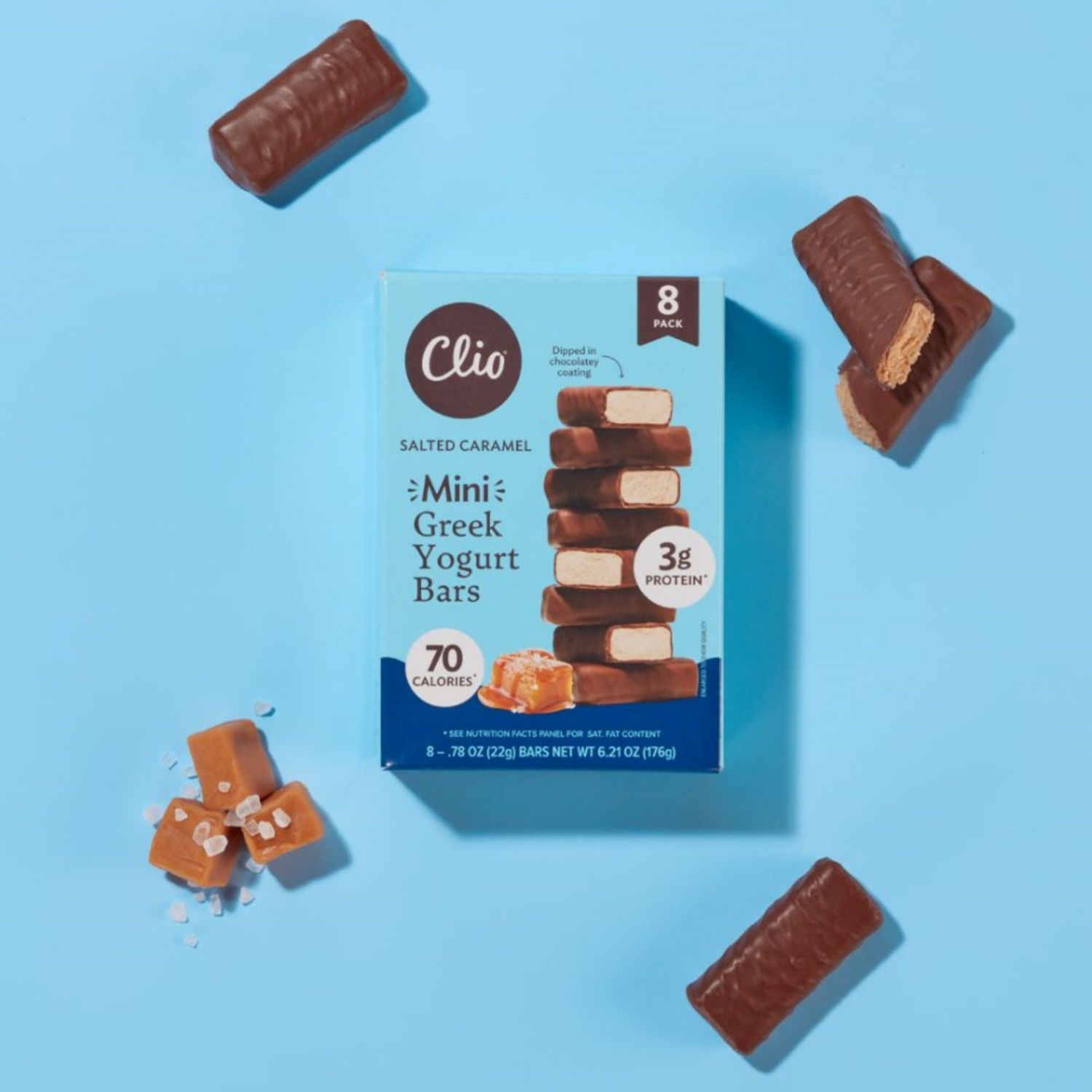 slide 3 of 3, Clio Yogurt Bars, Greek, Salted Caramel, Mini, 8 Pack, 8 ct