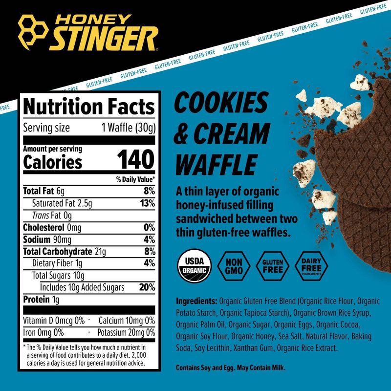 slide 3 of 6, Honey Stinger Organic Gluten Free Cookies and Cream Waffle - 6pk: Ready to Eat Snack Bars, 6.36oz, 1g Protein, 6 ct