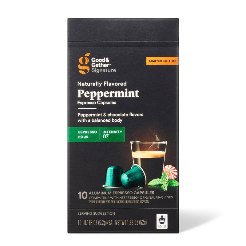 slide 1 of 4, Signature Naturally Flavored Peppermint Espresso Pods Espresso Roast Coffee 10ct - Good & Gather™, 10 ct