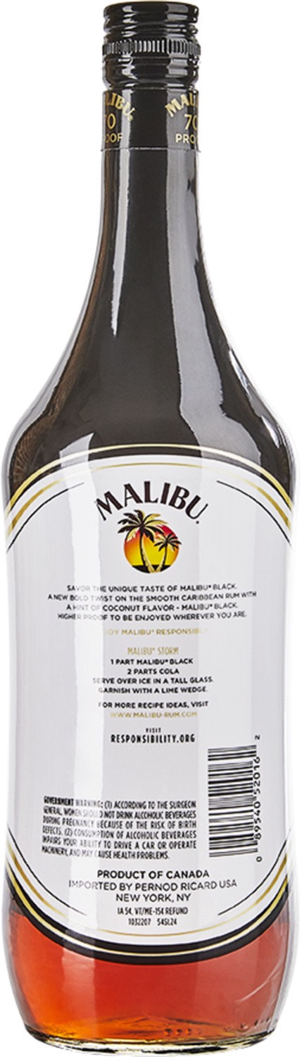 slide 3 of 6, Malibu Black Flavored Caribbean Rum with Coconut Liqueur 1L Bottle, 1 l