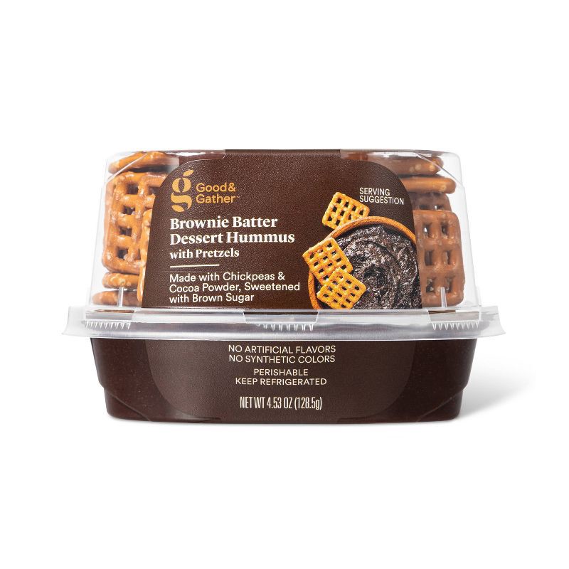 slide 1 of 3, Brownie Batter Dessert Hummus with Pretzels - 4.53oz - Good & Gather™, 4.53 oz