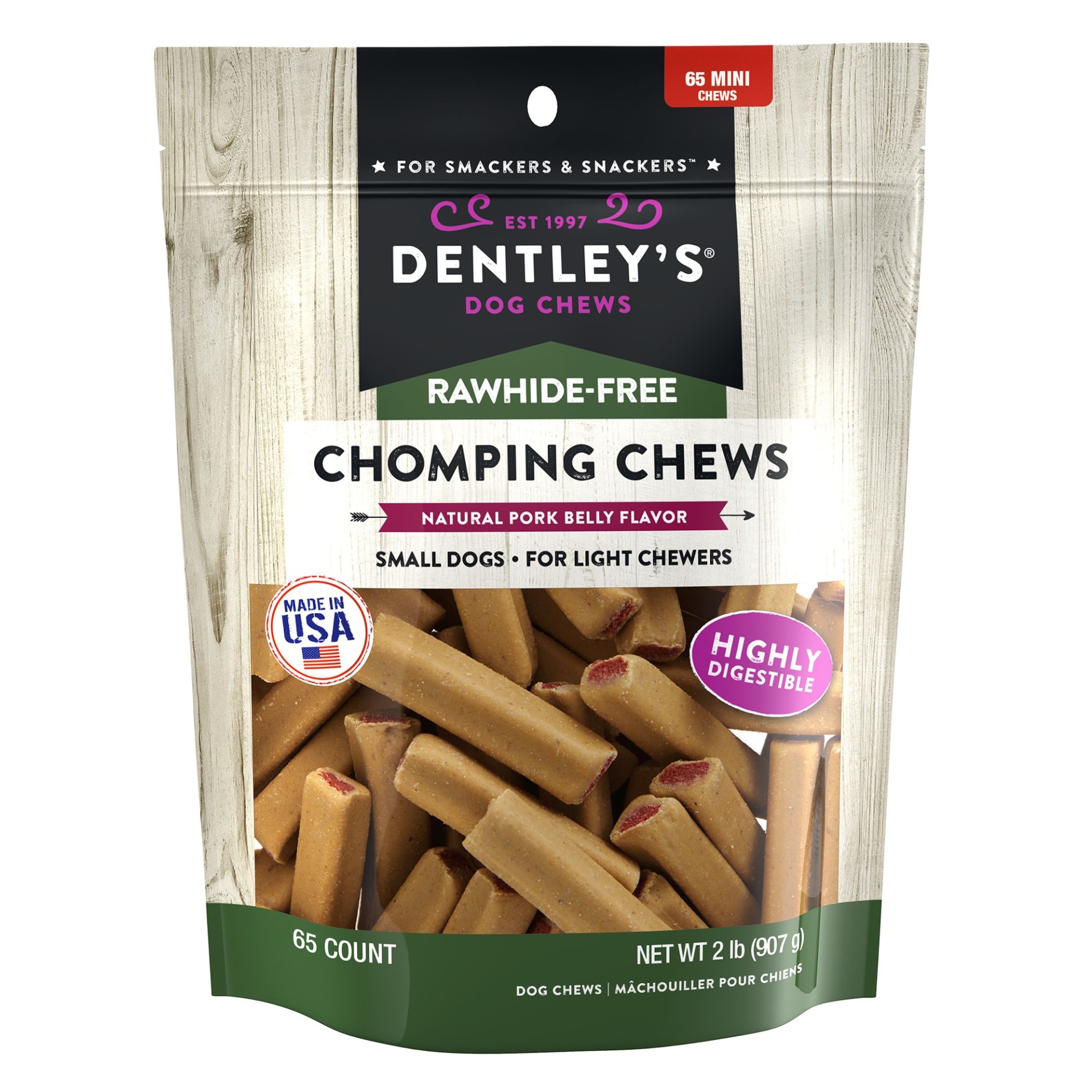 slide 1 of 1, Dentley's Rawhide-Free Mini Chomping Chews Dog Chew - Pork Belly, 2 lb, 65 ct