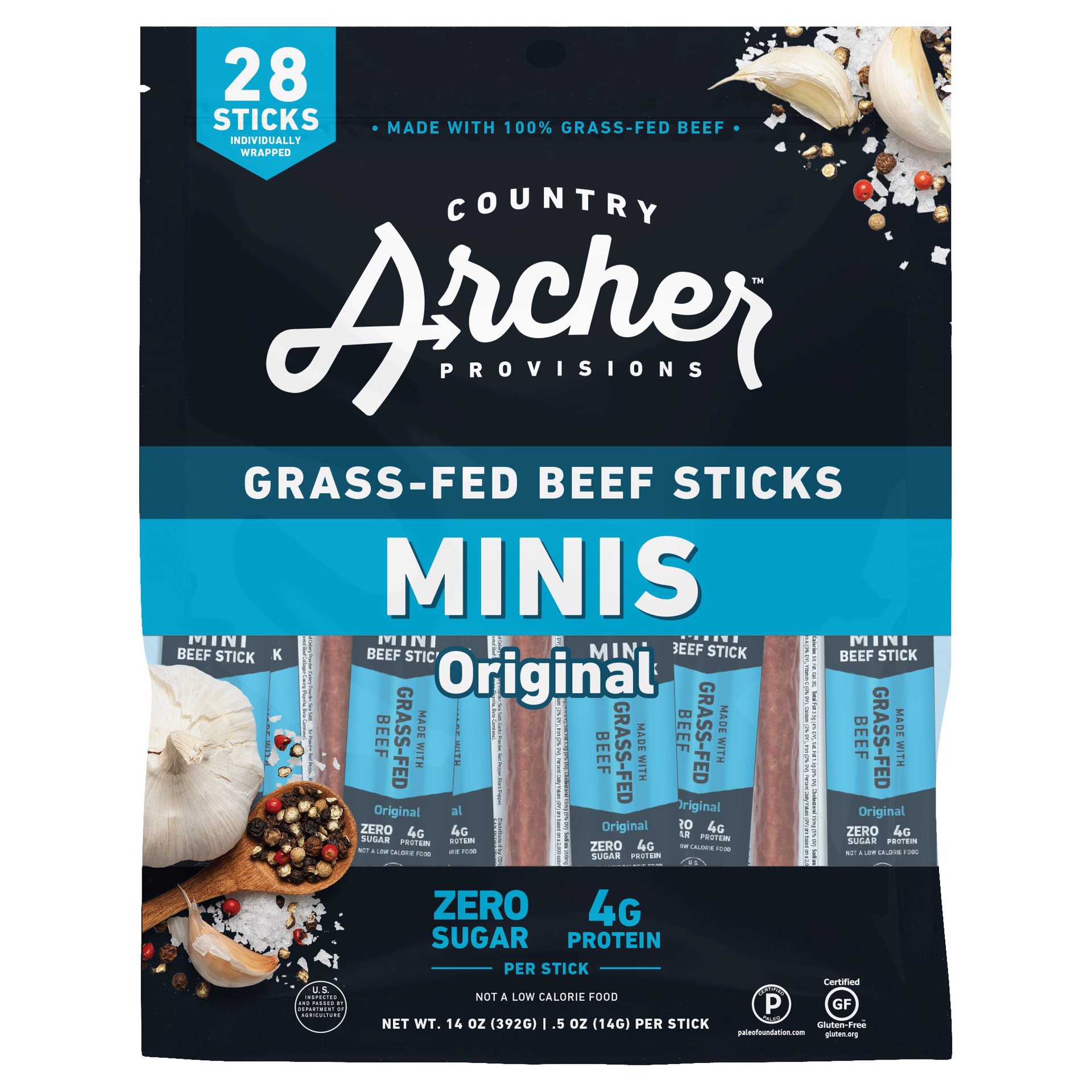 slide 1 of 1, Country Archer Grass-Fed Beef Stick Minis, Original, 0.5 oz, 28 Count, 