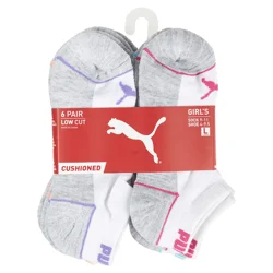 Puma Girls Low Cut Socks - White/Purple - Size 9-11 - 6 Pair