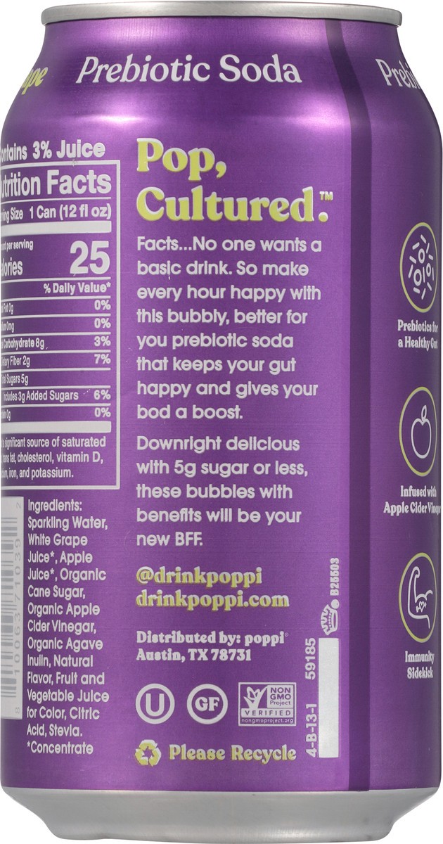 slide 8 of 9, Poppi Grape Prebiotic Soda Can, 12 fl oz